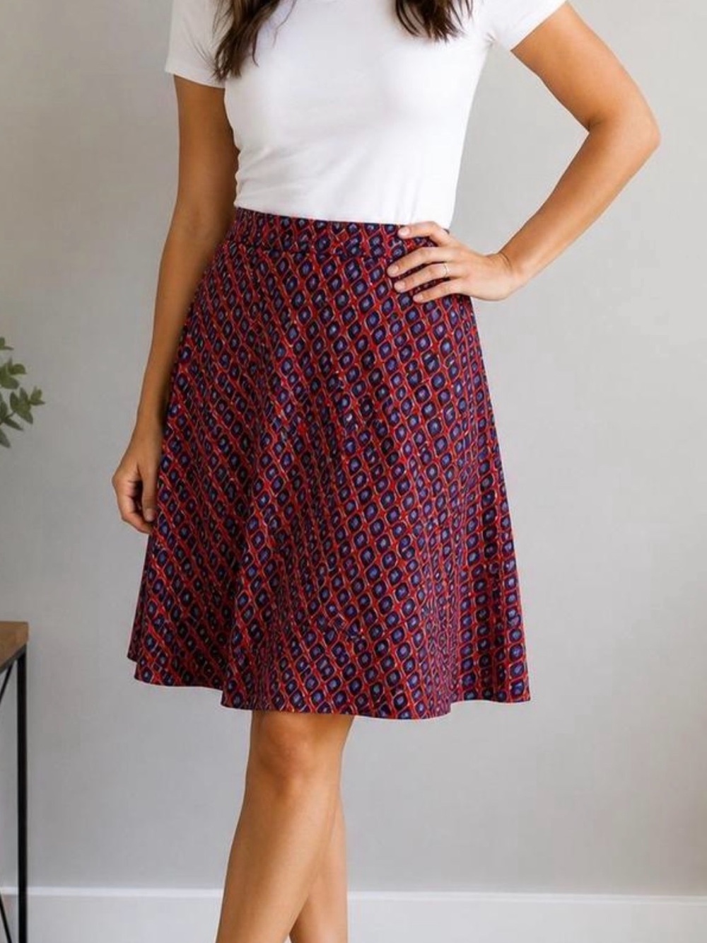 LuLaRoe Azure Skirt XL Red Blue Geometric Knee Length A-Line Pull On